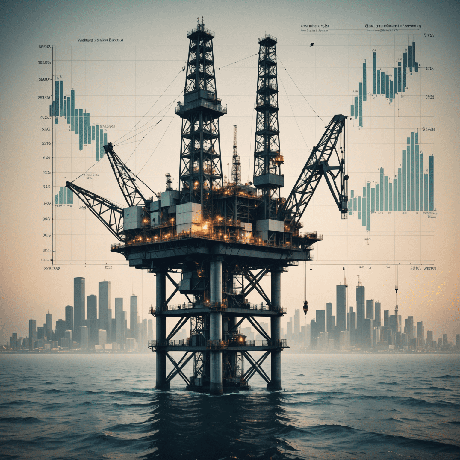 Oil rig with financial charts and graphs overlaid, symbolizing the intersection of oil industry and finance